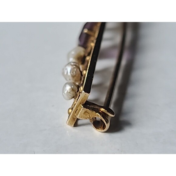 Antique 14K Yellow Gold Amethyst & Natural Pearl Bar Brooch - Picture 6 of 10